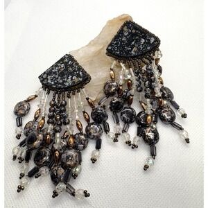Vintage Beaded Chandelier Earrings Black Gray Gold Tone 4" Statement Retro 80s